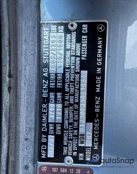 1987 Mercedes-Benz 560 Sl из США, поврежденный, VIN WDBBA48D0HA065066